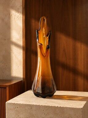 Vintage Amber Swung Art Glass Five Finger Vase 10.5" MCM Taiwan Hand Blown